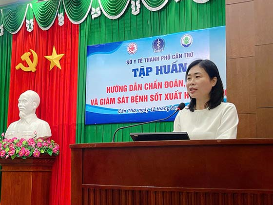 Bà Nguyễn Ngọc Việt Nga, Phó Giám đốc Sở Y tế phát biểu tại lớp tập huấn hướng dẫn chẩn đoán, điều trị và giám sát bệnh sốt xuất huyết Dengue.
